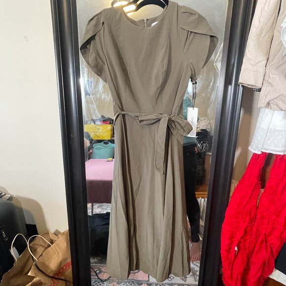 NWT - Calvin Klein Tulip Sleeve A-Line Dress in Green with waist tie - Size 8 - Picture 2 of 7